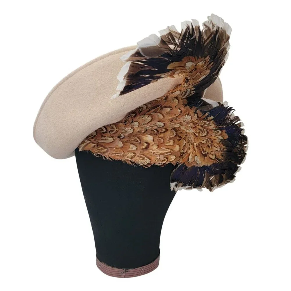 Vintage Cream Wool Derby Hat w/ Feather Embellishments By Jack McConnell 21" - Picture 1 of 6